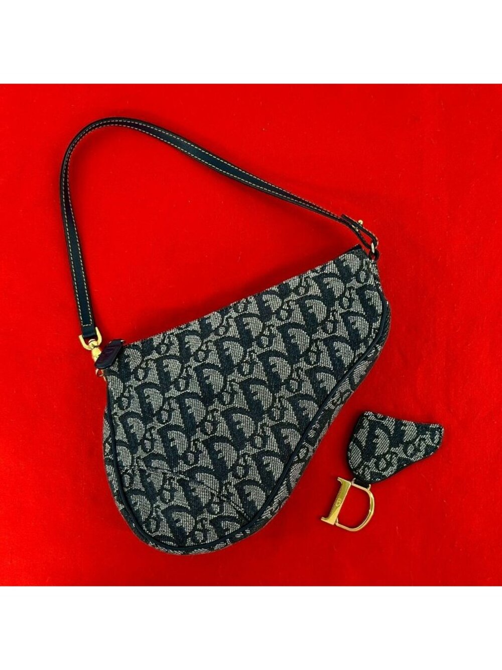 Dior Saddle Trotter Pattern Canvas Leather Handbag Navy